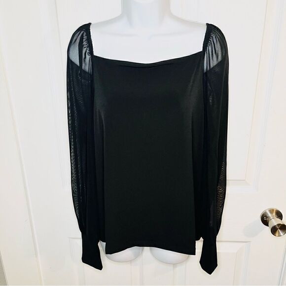 Tahari Square Neck Mix Media Sheer Sleeve Top Black XL - Picture 4 of 11